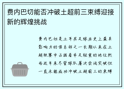 费内巴切能否冲破土超前三束缚迎接新的辉煌挑战