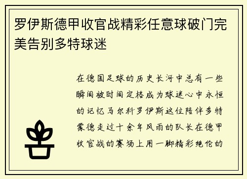 罗伊斯德甲收官战精彩任意球破门完美告别多特球迷