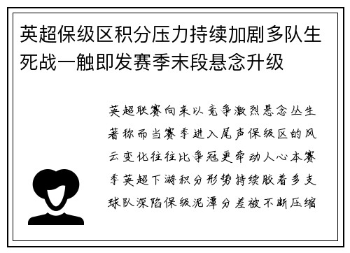英超保级区积分压力持续加剧多队生死战一触即发赛季末段悬念升级