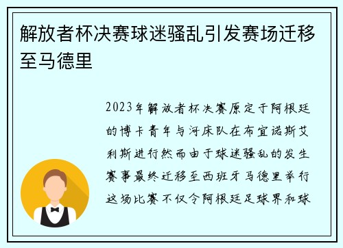解放者杯决赛球迷骚乱引发赛场迁移至马德里